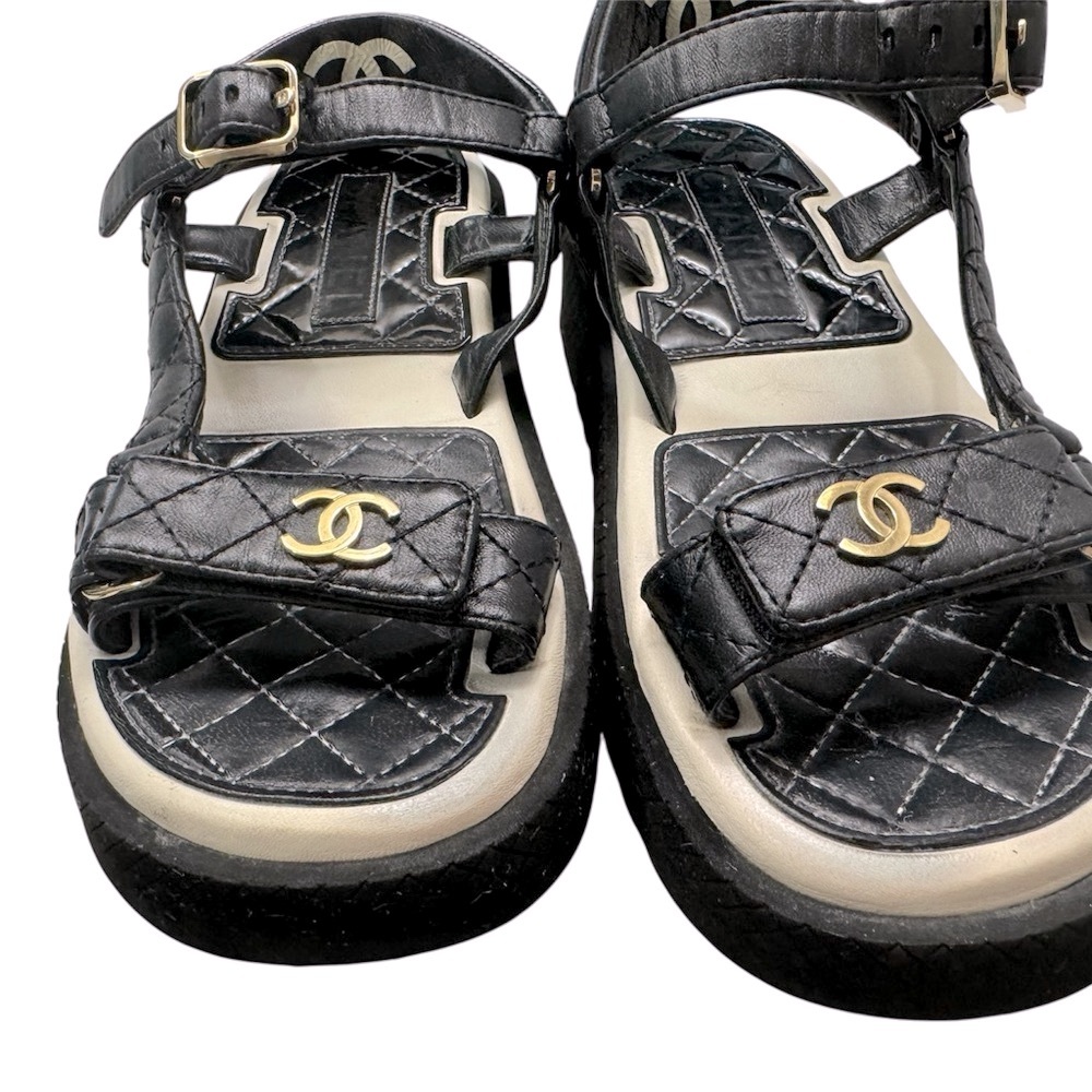 CHANEL Black and Gold Quilted Sandals